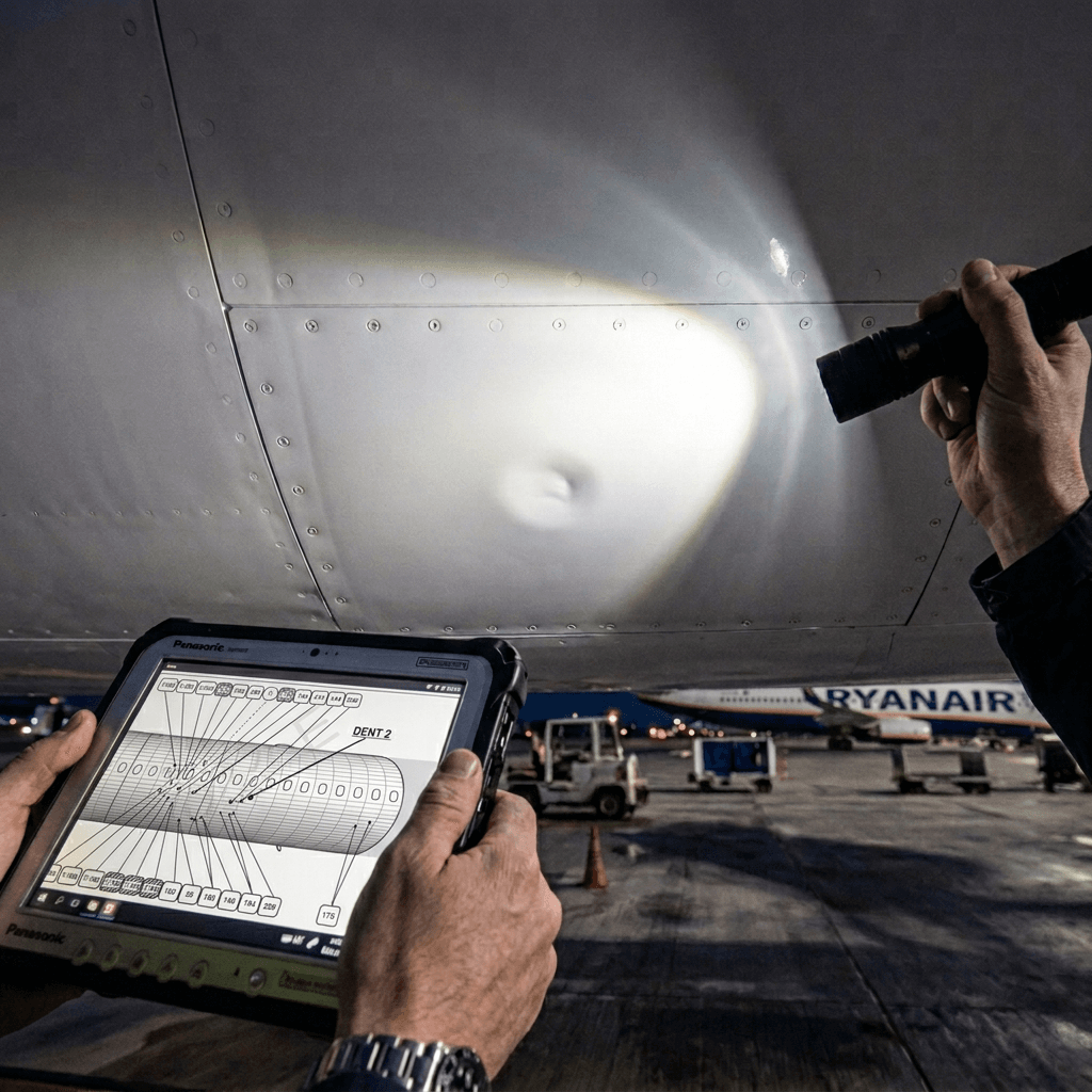 Engineer records aircraft structural damage on a fuselage dent at night